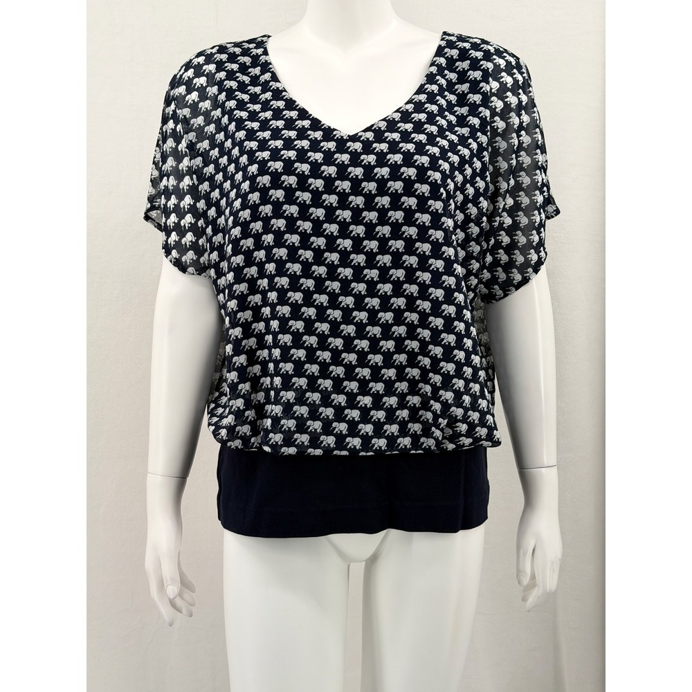 Cabi Top Womens Medium Navy Elephant Parade Novelty V-Neck Office Work Preppy